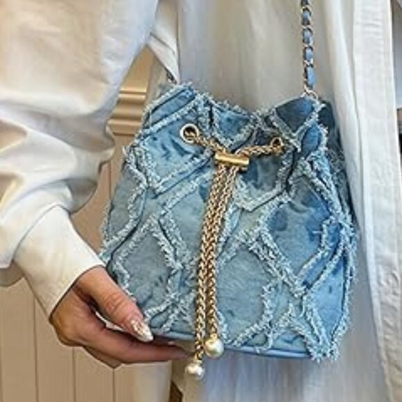 Neiman Marcus Blue Denim Bucket Bag - Picture 1 of 9